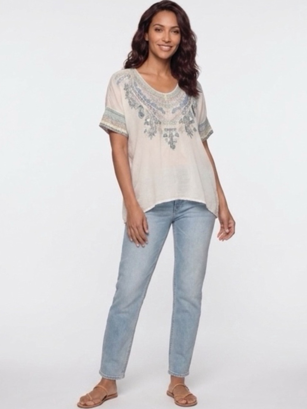 Johnny Was Xander Feather Embroidered Silk Blend Poncho Blouse Gray Size Small